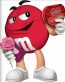 m&m red sticker with candy box and roses