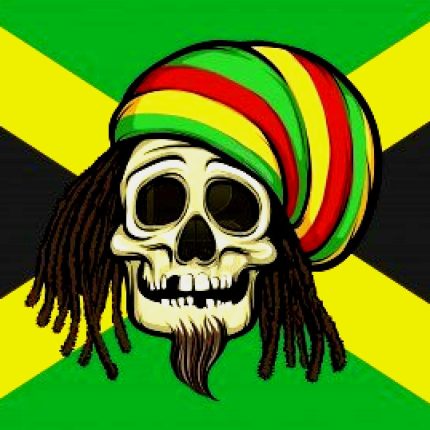 skull with dreadlocks with rasta hat and jamaica flag